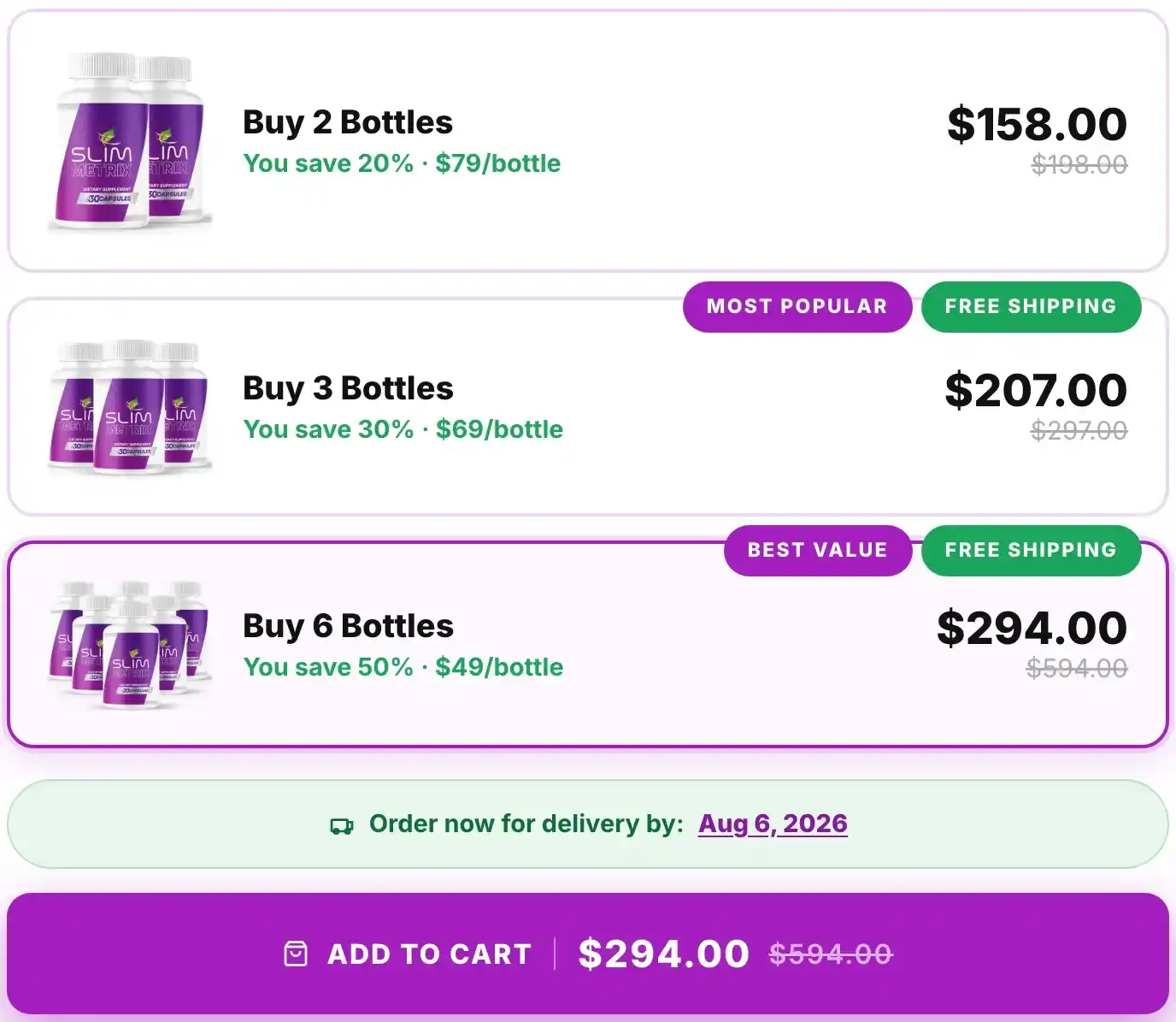 Slim Metrix Pricing Packages 2 Bottle 3 Bottle 6 Bottle