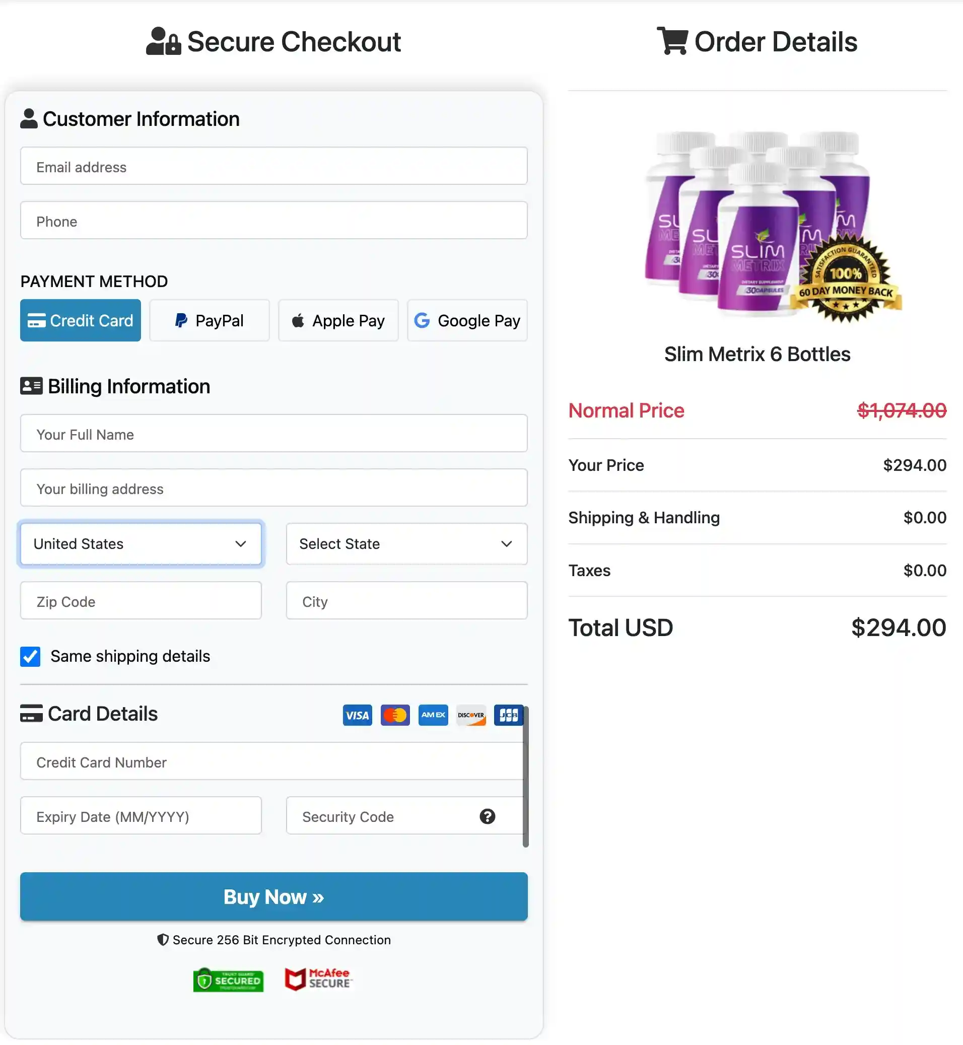 Slim Metrix Secure Payment Checkout